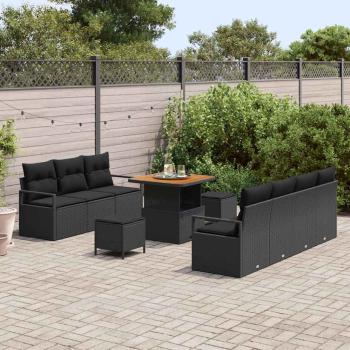 10-teiliges Gartensofa-Set mit Kissen Schwarz Poly Rattan Akazie, 2-Sitzer Gartensofa mit Stauraum & Kissen Schwarz Poly Rattan, 3-teiliges Gartendining-Set mit Kissen Schwarz Poly Rattan Akazie