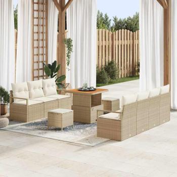 ARDEBO.de - 10-teiliges Garten-Sofa-Set mit Kissen Beige Poly-Rattan Akazie, 2-Sitzer Garten-Sofa mit Stauraum & Kissen Beige Poly-Rattan, 3-teiliges Garten-Dining-Set mit Kissen Beige Poly-Rattan Akazie