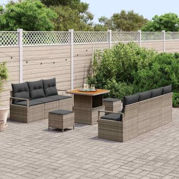 10-teiliges Garten Sofa Set mit Kissen Grau Poly Rattan Akazie, 2-Sitzer Garten Sofa mit Stauraum & Kissen Grau Poly Rattan, 3-teiliges Garten Essset mit Kissen Grau Poly Rattan Akazie