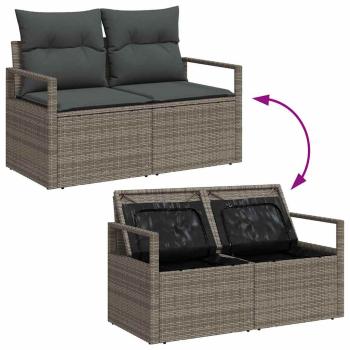 10-teiliges Garten Sofa Set mit Kissen Grau Poly Rattan Akazie, 2-Sitzer Garten Sofa mit Stauraum & Kissen Grau Poly Rattan, 3-teiliges Garten Essset mit Kissen Grau Poly Rattan Akazie