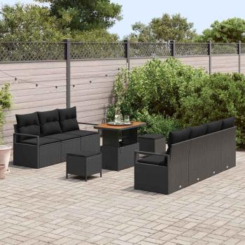 10-teiliges Garten Sofa Set mit Kissen Schwarz Poly Rattan Akazie, 2-Sitzer Garten Sofa mit Stauraum & Kissen Schwarz Poly Rattan, 3-teiliges Garten Essenset mit Kissen Schwarz Poly Rattan Akazie