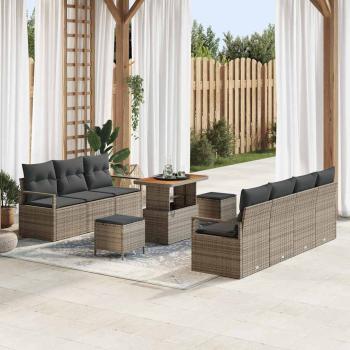 ARDEBO.de - 10-teiliges Garten Sofa Set mit Kissen Grau Poly Rattan Akazie, 2-Sitzer Garten Sofa mit Stauraum & Kissen Grau Poly Rattan, 3-teiliges Garten Esstisch Set mit Kissen Grau Poly Rattan Akazie