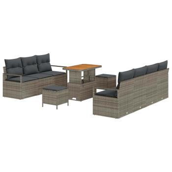 10-teiliges Garten Sofa Set mit Kissen Grau Poly Rattan Akazie, 2-Sitzer Garten Sofa mit Stauraum & Kissen Grau Poly Rattan, 3-teiliges Garten Esstisch Set mit Kissen Grau Poly Rattan Akazie