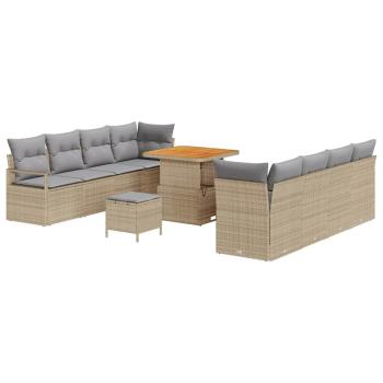 11-teilige Garten Sofa Set mit Kissen Beige Poly Rattan Akazie, 2-Sitzer Garten Sofa mit Stauraum & Kissen Beige Poly Rattan, 3-teiliges Garten Essset mit Kissen Beige Poly Rattan Akazie