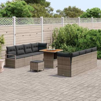 11-teiliges Garten Sofa Set mit Kissen Grau Poly-Rattan Akazie, 2-Sitzer Garten Sofa mit Stauraum & Kissen Grau Poly-Rattan, 3-teiliges Garten Dining Set mit Kissen Grau Poly-Rattan Akazie