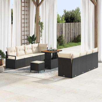 ARDEBO.de - 11-teilige Garten Sofa Set mit Kissen Schwarz Poly Rattan Akazie, 2-Sitzer Garten Sofa mit Stauraum & Kissen Schwarz Poly Rattan, 3-teilige Garten Essgruppe mit Kissen Schwarz Poly Rattan Akazie