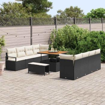 11-teiliges Garten-Sofa-Set mit Kissen Schwarz Poly-Rattan Akazie, 2-Sitzer Garten-Sofa mit Stauraum & Kissen Schwarz Poly-Rattan, 3-teilige Garten-Essgruppe mit Kissen Schwarz Poly-Rattan Akazie