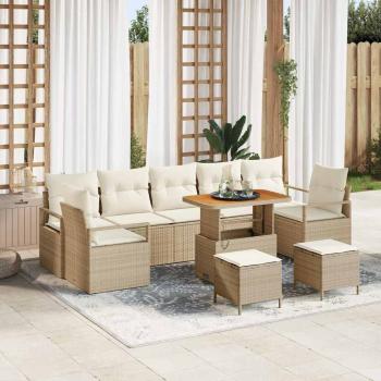ARDEBO.de - 10-teiliges Garten Sofa Set mit Kissen Beige Poly Rattan Akazie, 2-Sitzer Garten Sofa mit Stauraum & Kissen Beige Poly Rattan, 3-teiliges Garten Essenset mit Kissen Beige Poly Rattan Akazie