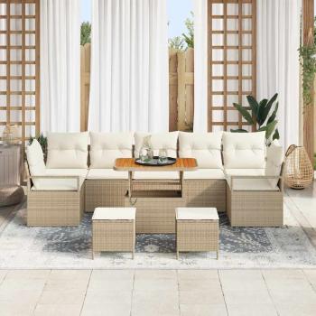 10-teiliges Garten Sofa Set mit Kissen Beige Poly Rattan Akazie, 2-Sitzer Garten Sofa mit Stauraum & Kissen Beige Poly Rattan, 3-teiliges Garten Essenset mit Kissen Beige Poly Rattan Akazie