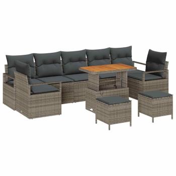 10-teiliges Garten Sofaset mit Kissen Graues Poly Rattan Akazie, 2-Sitzer Garten Sofa mit Stauraum & Kissen Graues Poly Rattan, 3-teiliges Garten Essset mit Kissen Graues Poly Rattan Akazie