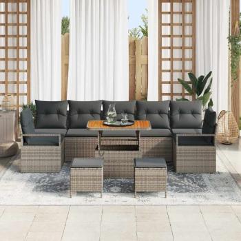 10-teiliges Garten Sofaset mit Kissen Graues Poly Rattan Akazie, 2-Sitzer Garten Sofa mit Stauraum & Kissen Graues Poly Rattan, 3-teiliges Garten Essset mit Kissen Graues Poly Rattan Akazie