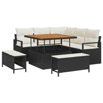 8-teiliges Garten-Sofa-Set mit Kissen in Schwarz Poly-Rattan Akazie, 2-Sitzer Garten-Sofa mit Stauraum & Kissen Schwarz Poly-Rattan, 3-teiliges Garten-Dining-Set mit Kissen Schwarz Poly-Rattan Akazie