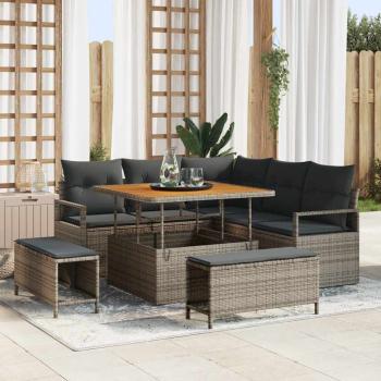 ARDEBO.de - 8-teiliges Garten-Sofa-Set mit Kissen Grau Poly-Rattan Akazie, 2-Sitzer Garten-Sofa mit Stauraum & Kissen Grau Poly-Rattan, 3-teiliges Garten-Dining-Set mit Kissen Grau Poly-Rattan Akazie