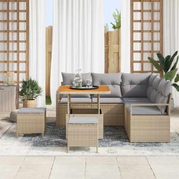8-teiliges Garten Sofa Set mit Kissen Beige Poly Rattan Akazie, 2-Sitzer Garten Sofa mit Stauraum & Kissen Beige Poly Rattan, 3-teiliges Garten Esstisch Set mit Kissen Beige Poly Rattan Akazie