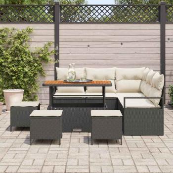 9-teiliges Garten-Sofaset mit Kissen Schwarz Poly-Rattan Akazie, 2-Sitzer Garten-Sofa mit Stauraum & Kissen Schwarz Poly-Rattan, 4-teiliges Garten-Essenset mit Kissen Schwarz Poly-Rattan Akazie