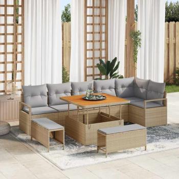 ARDEBO.de - 9-teiliges Garten Sofa Set mit Kissen Beige Poly Rattan Akazie, 2-Sitzer Garten Sofa mit Stauraum & Kissen Beige Poly Rattan, 3-teiliges Garten Ess-Set mit Kissen Beige Poly Rattan Akazie