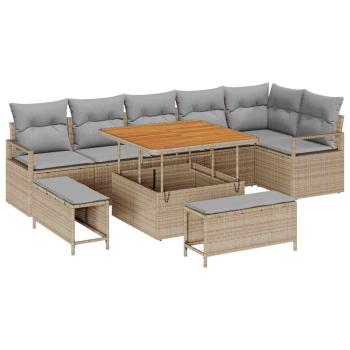 9-teiliges Garten Sofa Set mit Kissen Beige Poly Rattan Akazie, 2-Sitzer Garten Sofa mit Stauraum & Kissen Beige Poly Rattan, 3-teiliges Garten Ess-Set mit Kissen Beige Poly Rattan Akazie