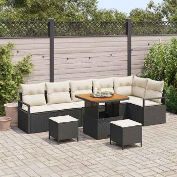 ARDEBO.de - 9-teiliges Garten-Sofa-Set mit Kissen Schwarz Poly Rattan Akazie, 2-Sitzer Garten-Sofa mit Stauraum & Kissen Schwarz Poly Rattan, 3-teiliges Garten-Ess-Set mit Kissen Schwarz Poly Rattan Akazie