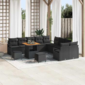 ARDEBO.de - 13-teiliges Garten-Sofa-Set mit Kissen Schwarz Poly Rattan Akazie, 2-Sitzer Garten-Sofa mit Stauraum & Kissen Schwarz Poly Rattan, 3-teiliges Garten-Ess-Set mit Kissen Schwarz Poly Rattan Akazie