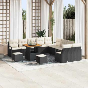 ARDEBO.de - 13-teiliges Garten-Sofa-Set mit Kissen Schwarz Poly-Rattan Akazie, 2-Sitzer Garten-Sofa mit Stauraum & Kissen Schwarz Poly-Rattan, 3-teiliges Garten-Ess-Set mit Kissen Schwarz Poly-Rattan Akazie
