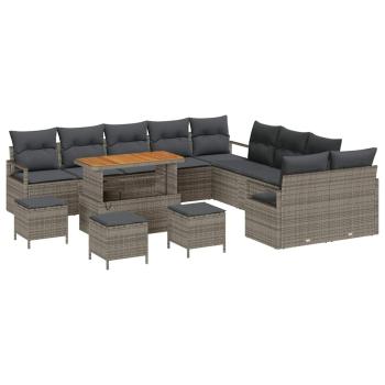14-teiliges Garten-Sofa-Set mit Kissen Grau Poly Rattan Akazie, 2-Sitzer Garten-Sofa mit Stauraum & Kissen Grau Poly Rattan, 4-teiliges Garten-Ess-Set mit Kissen Grau Poly Rattan Akazie