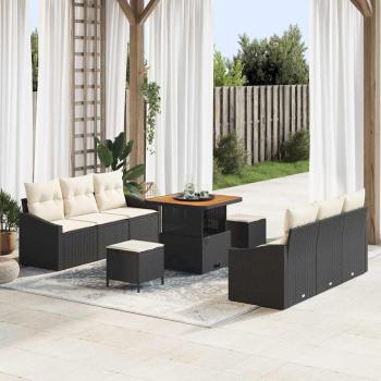 ARDEBO.de - 9-teiliges Garten Sofa Set mit Kissen Schwarz Poly Rattan Akazie, 2-Sitzer Garten Sofa mit Stauraum & Kissen Schwarz Poly Rattan, 3-teiliges Garten Ess-Set mit Kissen Schwarz Poly Rattan Akazie