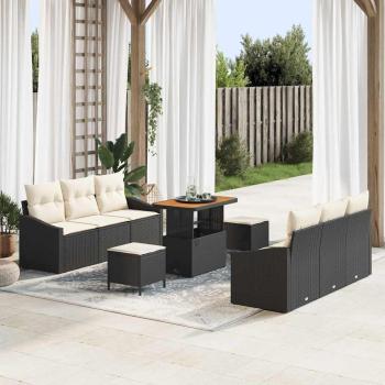 ARDEBO.de - 9-teiliges Garten-Sofa-Set mit Kissen Schwarz Poly Rattan Akazie, 2-Sitzer Garten-Sofa mit Stauraum & Kissen Schwarz Poly Rattan, 3-teiliges Garten-Dining-Set mit Kissen Schwarz Poly Rattan Akazie