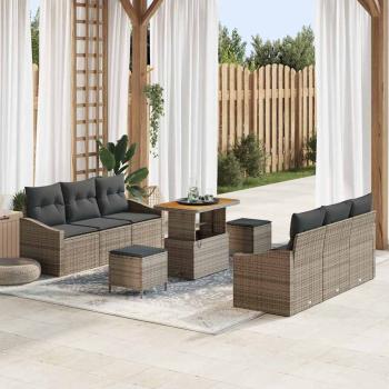ARDEBO.de - 9-teiliges Garten Sofa Set mit Kissen Grau Poly Rattan Akazie, 2-Sitzer Garten Sofa mit Stauraum & Kissen Grau Poly Rattan, 3-teiliges Garten Ess-Set mit Kissen Grau Poly Rattan Akazie