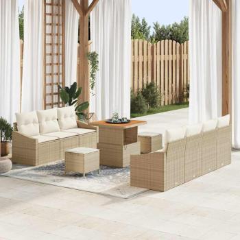 ARDEBO.de - 10-teiliges Garten-Sofa-Set mit Kissen Beige Poly-Rattan Akazie, 2-Sitzer Garten-Sofa mit Stauraum & Kissen Beige Poly-Rattan, 3-teiliges Garten-Essbereich-Set mit Kissen Beige Poly-Rattan Akazie