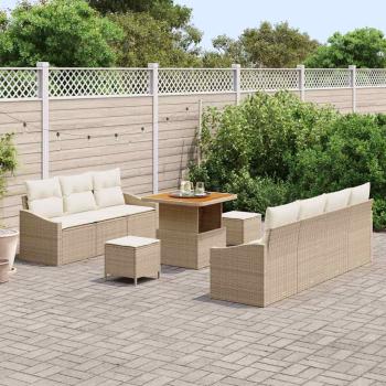 10-teiliges Garten-Sofa-Set mit Kissen Beige Poly-Rattan Akazie, 2-Sitzer Garten-Sofa mit Stauraum & Kissen Beige Poly-Rattan, 3-teiliges Garten-Essbereich-Set mit Kissen Beige Poly-Rattan Akazie