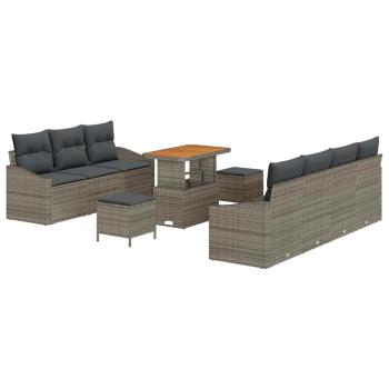 ARDEBO.de - 10-teiliges Garten Sofa Set mit Kissen Grau Poly Rattan Akazie, 2-Sitzer Garten Sofa mit Stauraum & Kissen Grau Poly Rattan, 3-teiliges Garten Essset mit Kissen Grau Poly Rattan Akazie