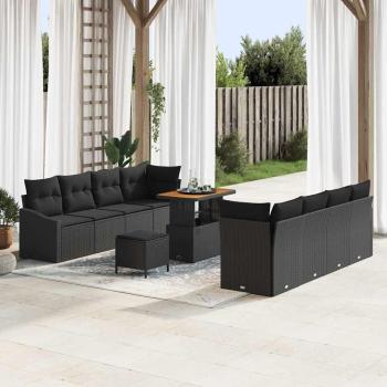 ARDEBO.de - 11-teiliges Garten-Sofa-Set mit Kissen Schwarz Poly Rattan Akazie, 2-Sitzer Garten-Sofa mit Stauraum & Kissen Schwarz Poly Rattan, 3-teiliges Garten-Ess-Set mit Kissen Schwarz Poly Rattan Akazie