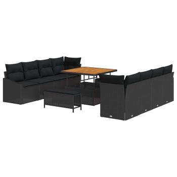 11-teiliges Garten-Sofa-Set mit Kissen Schwarz Poly Rattan Akazie, 2-Sitzer Garten Sofa mit Stauraum & Kissen Schwarz Poly Rattan, 3-teilige Garten-Essgruppe mit Kissen Schwarz Poly Rattan Akazie