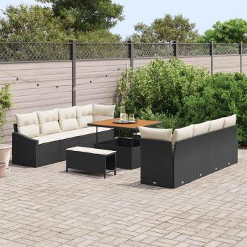11-teiliges Garten Sofa Set mit Kissen Schwarz Poly Rattan Akazie, 2-Sitzer Garten Sofa mit Stauraum & Kissen Schwarz Poly Rattan, 3-teiliges Garten Ess-Set mit Kissen Schwarz Poly Rattan Akazie