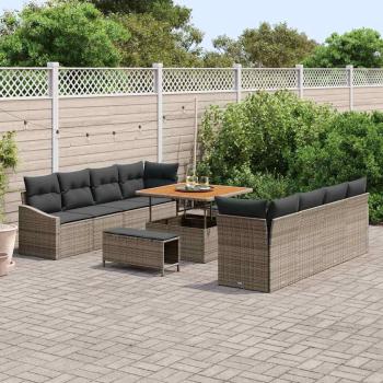 11-teiliges Garten-Sofa-Set mit Kissen Graues Poly-Rattan Akazie, 2-Sitzer Garten Sofa mit Stauraum & Kissen Graues Poly-Rattan, 3-teiliger Garten-Essplatz mit Kissen Graues Poly-Rattan Akazie