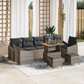 ARDEBO.de - 10-teiliges Garten Sofa Set mit Kissen Grau Poly Rattan Akazie, 2-Sitzer Garten Sofa mit Stauraum & Kissen Grau Poly Rattan, 3-teiliges Garten Esstischset mit Kissen Grau Poly Rattan Akazie