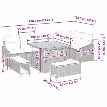 9-teiliges Garten Sofa Set mit Kissen Grau Poly Rattan Akazie, 2-Sitzer Garten Sofa mit Stauraum & Kissen Grau Poly Rattan, 3-teiliges Garten Ess-Set mit Kissen Grau Poly Rattan Akazie