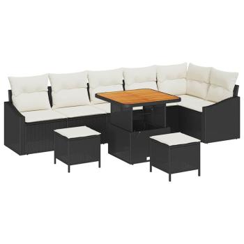 9-teiliges Garten Sofa Set mit Kissen Schwarz Poly Rattan Akazie, 2-Sitzer Garten Sofa mit Stauraum & Kissen Schwarz Poly Rattan, 3-teiliges Garten Esszimmer Set mit Kissen Schwarz Poly Rattan Akazie