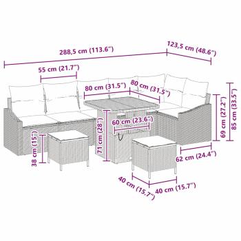 9-teiliges Garten Sofa Set mit Kissen Beige Poly Rattan Akazie, 2-Sitzer Garten Sofa mit Stauraum & Kissen Beige Poly Rattan, 3-teiliges Garten Essenset mit Kissen Beige Poly Rattan Akazie