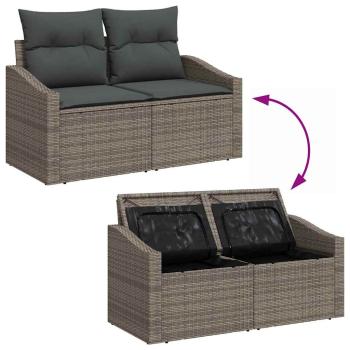 10-teiliges Garten Sofa Set mit Kissen Grau Poly Rattan Akazie, 2-Sitzer Garten Sofa mit Stauraum & Kissen Grau Poly Rattan, 4-teiliges Garten Esstisch Set mit Kissen Grau Poly Rattan Akazie