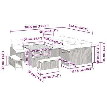 12-teiliges Garten Sofa Set mit Kissen Grau Poly Rattan Akazie, 2-Sitzer Garten Sofa mit Stauraum & Kissen Grau Poly Rattan, 3-teiliges Garten Essenset mit Kissen Grau Poly Rattan Akazie