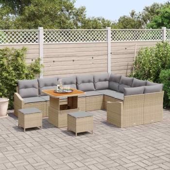 12-teiliges Garten Sofa Set mit Kissen Beige Poly Rattan Akazie, 2-Sitzer Garten Sofa mit Stauraum & Kissen Beige Poly Rattan, 3-teiliges Garten Essset mit Kissen Beige Poly Rattan Akazie