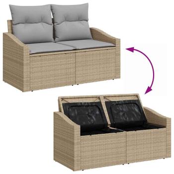 12-teiliges Garten Sofa Set mit Kissen Beige Poly Rattan Akazie, 2-Sitzer Garten Sofa mit Stauraum & Kissen Beige Poly Rattan, 3-teiliges Garten Essset mit Kissen Beige Poly Rattan Akazie