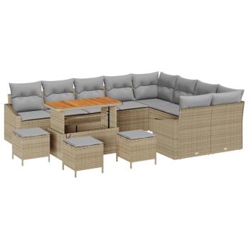 13-teiliges Garten-Sofa-Set mit Kissen Beige Poly Rattan Akazie, 2-Sitzer Garten-Sofa mit Stauraum & Kissen Beige Poly Rattan, 4-teiliges Garten-Ess-Set mit Kissen Beige Poly Rattan Akazie