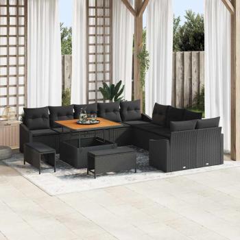 ARDEBO.de - 13-teiliges Garten-Sofa-Set mit Kissen Schwarz Poly Rattan Akazie, 2-Sitzer Garten-Sofa mit Stauraum & Kissen Schwarz Poly Rattan, 3-teiliges Garten-Ess-Set mit Kissen Schwarz Poly Rattan Akazie