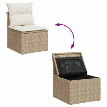 13-teiliges Garten Sofa Set mit Kissen Beige Poly Rattan Akazie, 2-Sitzer Garten Sofa mit Stauraum & Kissen Beige Poly Rattan, 3-teiliges Garten Esstisch Set mit Kissen Beige Poly Rattan Akazie