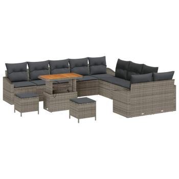 13-teiliges Garten-Sofa-Set mit Kissen Grau Poly Rattan Akazie, 2-Sitzer Garten-Sofa mit Stauraum & Kissen Grau Poly Rattan, 3-teiliges Garten-Dining-Set mit Kissen Grau Poly Rattan Akazie