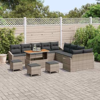 14-teiliges Garten Sofa Set mit Kissen Grau Poly Rattan Akazie, 2-Sitzer Garten Sofa mit Stauraum & Kissen Grau Poly Rattan, 4-teiliges Garten Esstisch Set mit Kissen Grau Poly Rattan Akazie