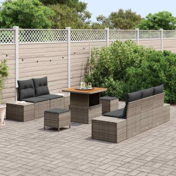 8-teilige Garten Sofa Set mit Kissen Grau Polyrattan Akazie, 2-Sitzer Garten Sofa mit Stauraum & Kissen Grau Polyrattan, 3-teilige Garten Essgruppe mit Kissen Grau Polyrattan Akazie