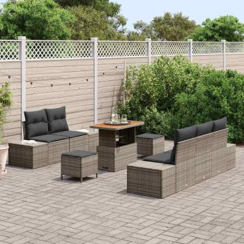 ARDEBO.de - 8-teiliges Garten Sofa Set mit Kissen Grau Poly-Rattan Akazie, 2-Sitzer Garten Sofa mit Stauraum und Kissen Grau Poly-Rattan, 3-teilige Garten Essgruppe mit Kissen Grau Poly-Rattan Akazie